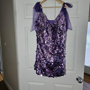 Purple Sequin Mini Dress, Size 18, Sheer Tie Straps